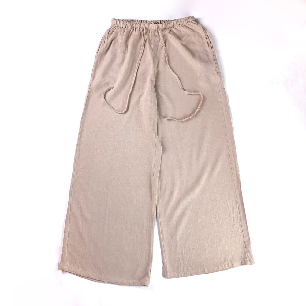High Waist Wide Leg Cotton Linen Pants with Adjustable Tie Knot